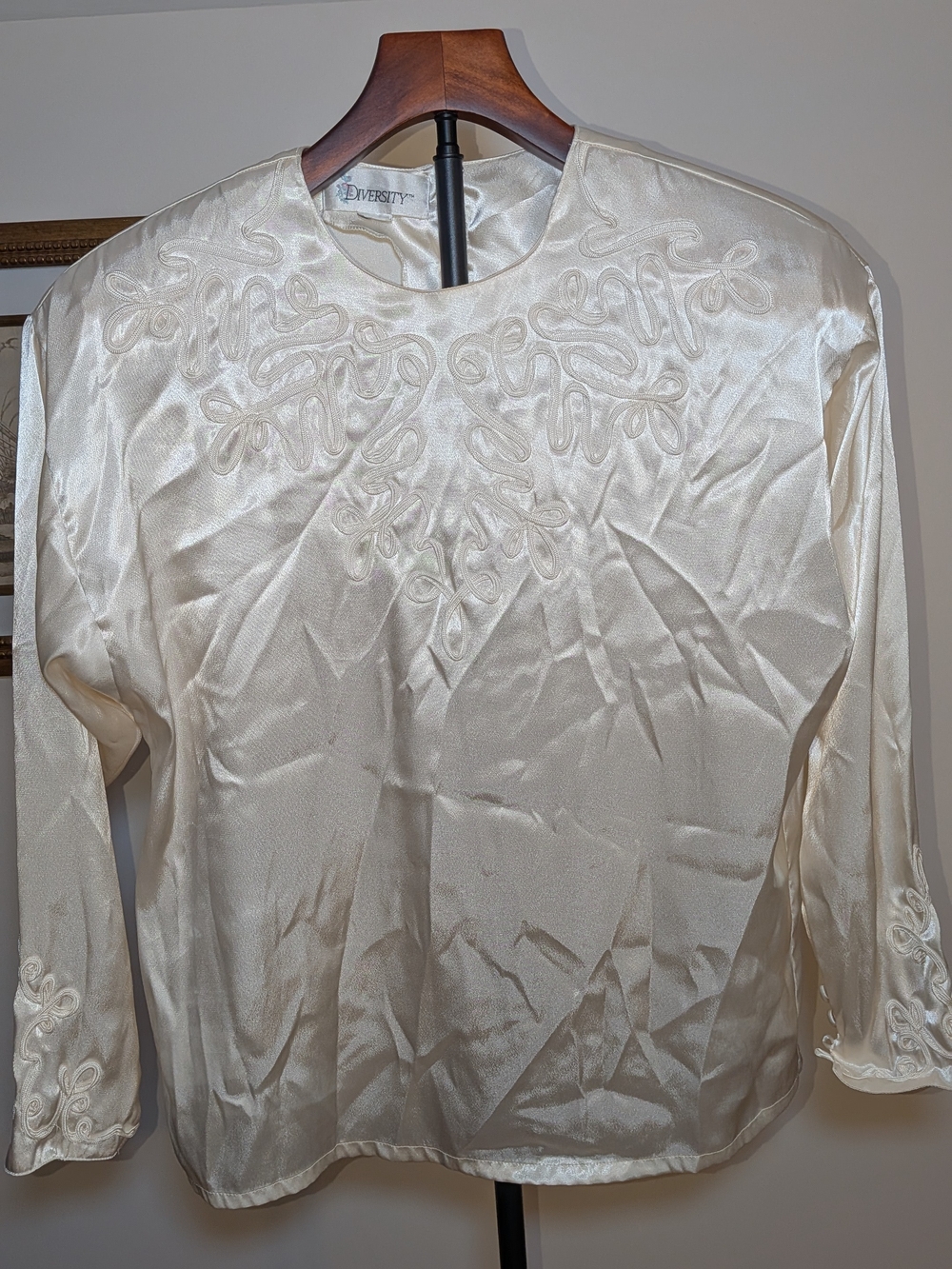Vintage Diversity Ivory Satin Look Blouse Embroidered Soutache Long Sleeve Size